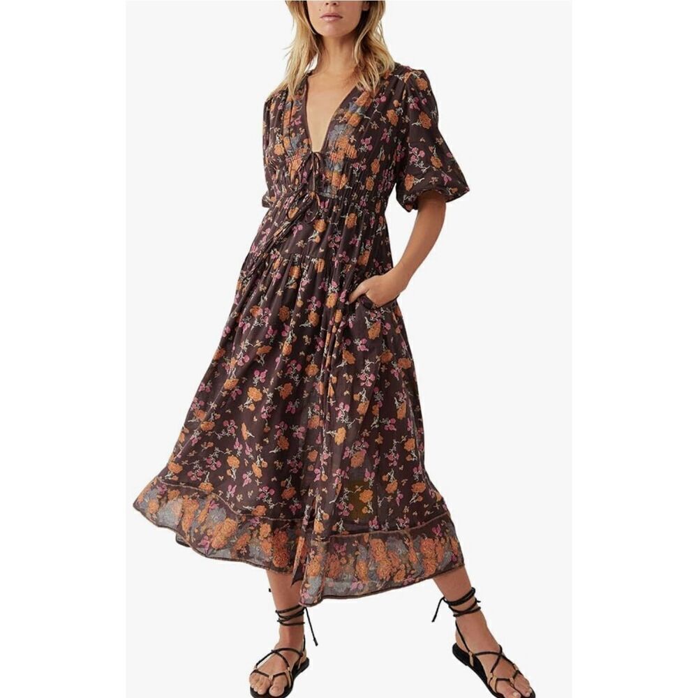 Free People Lysette Maxi Dress in Brown Print NWOT Size Small - Picture 1 of 8